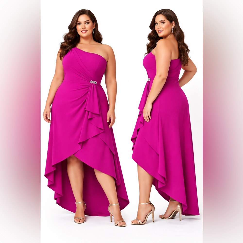 Jessica Howard Plus Size 22W Fuchsia One Shoulder High Low Scuba Crepe Gown NWT
